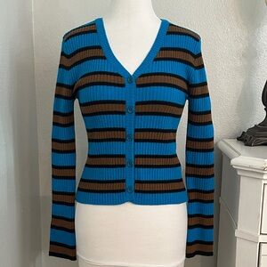 Andersson Bell Ribbed Striped Wool Blend Long‎ Sleeve Cardigan Blue Brown Small